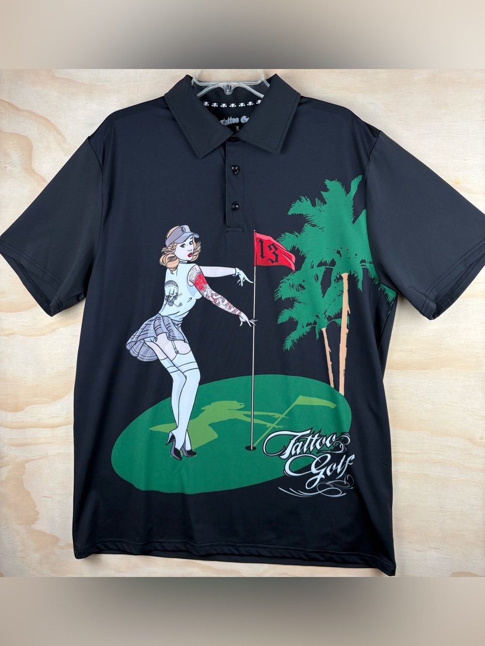 Tattoo Golf Mens L Polo Pin Up Series Graphic Black Pinup Tattooed Girl Shirt